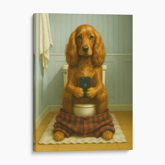 English Cocker Spaniel Dog On The Phone On The Toilet