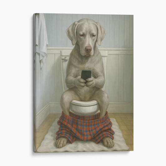 Silver Labrador Retriever Dog On The Phone On The Toilet