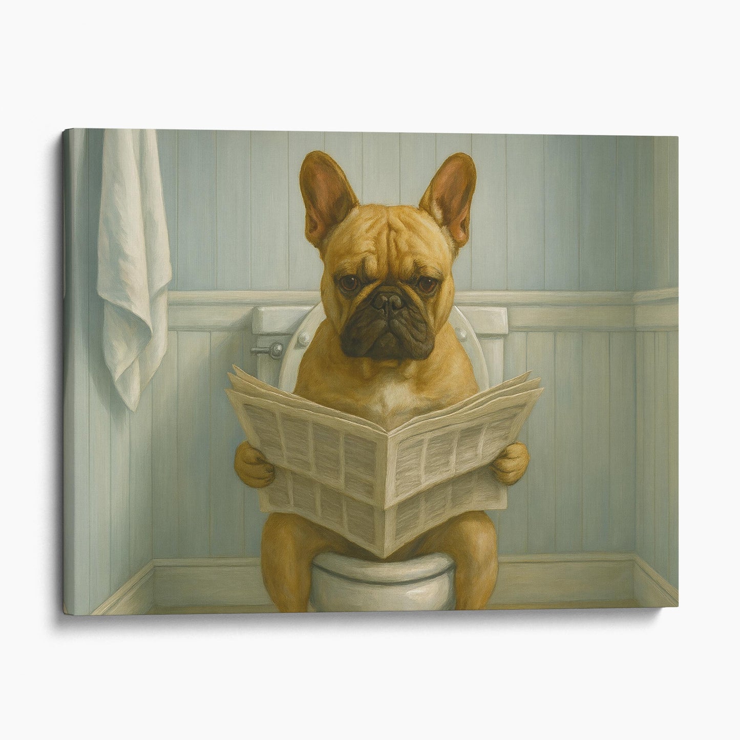 French Bulldog Reading The Newspaper On The Toilet