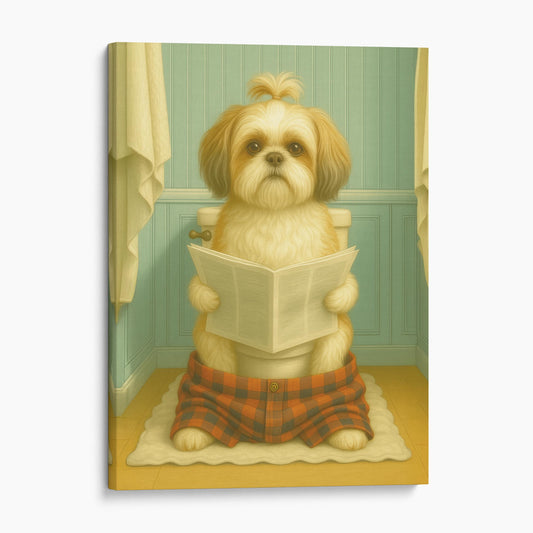 Shih Tzu Dog Reading The Newspaper On The Toilet