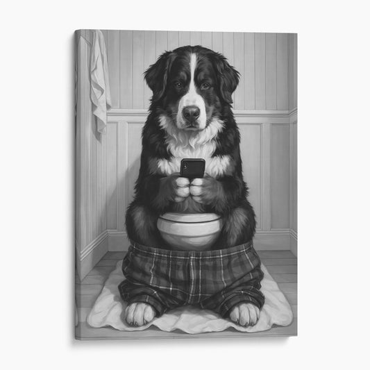 Bernese Mountain Dog On The Phone On The Toilet