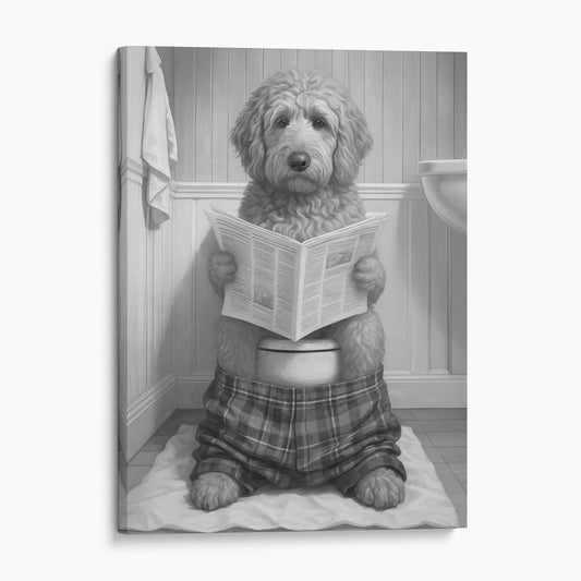 Golden Doodle Reading The Newspaper On The Toilet