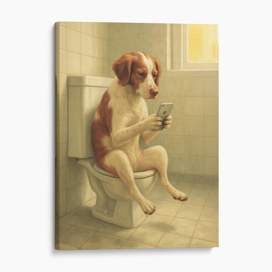Brittany Dog On The Phone On The Toilet