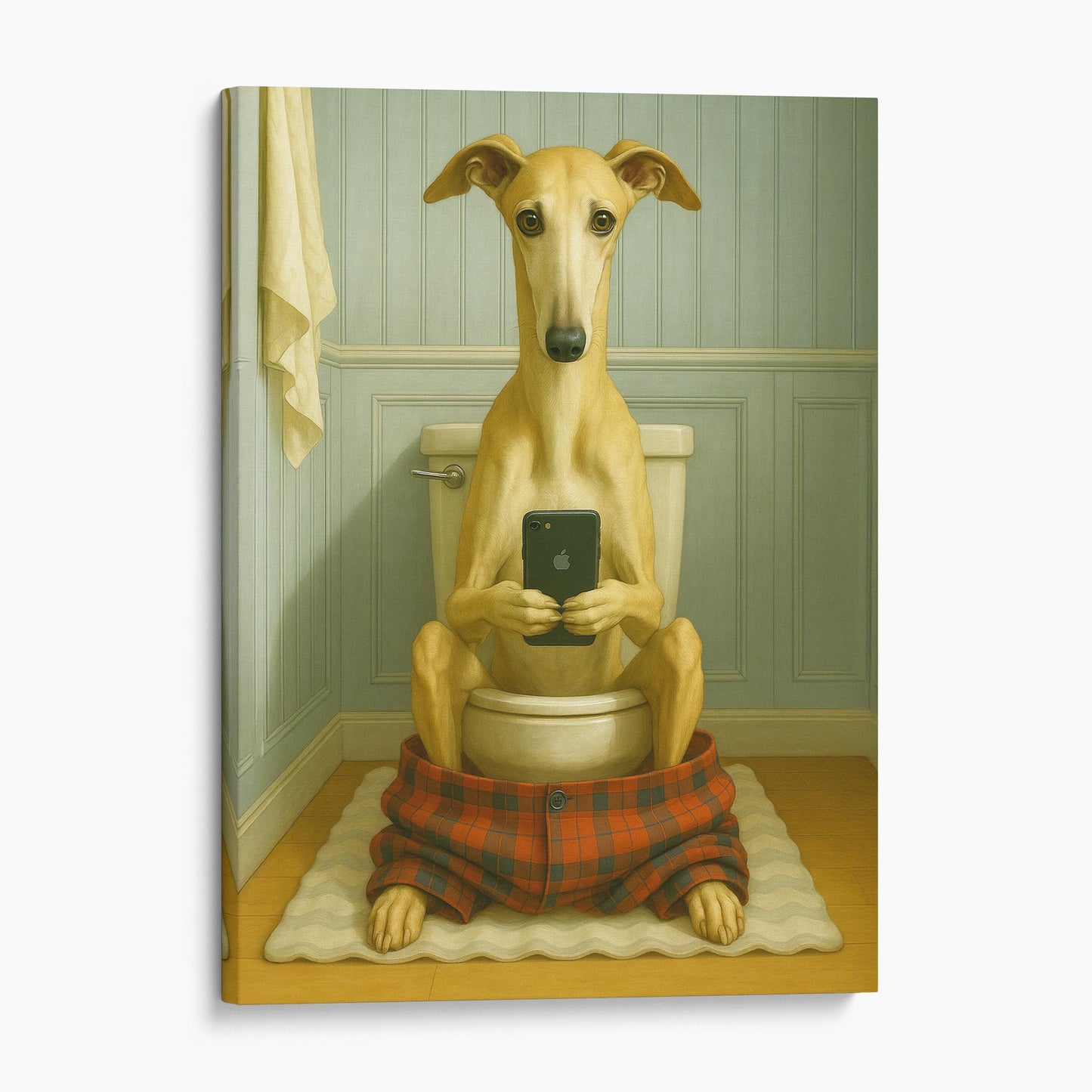 Greyhound Dog On The Phone On The Toilet
