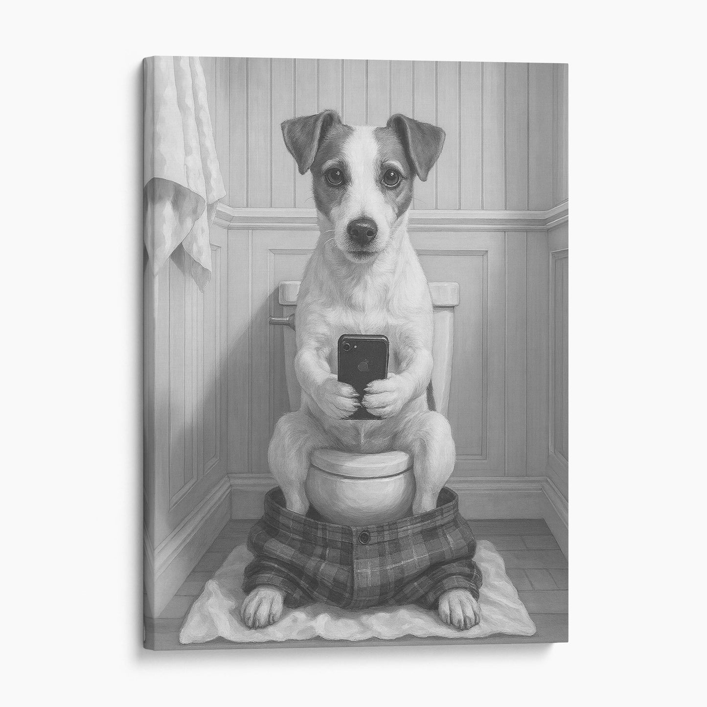 Jack Russell Terrier Dog On The Phone On The Toilet