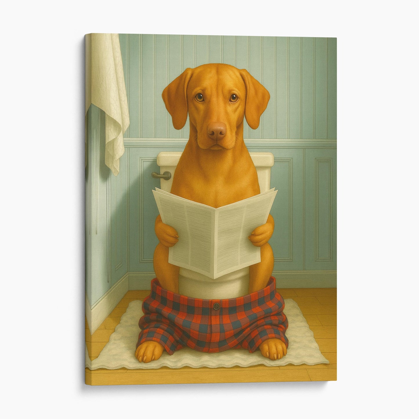 Vizsla Dog Reading The Newspaper On The Toilet
