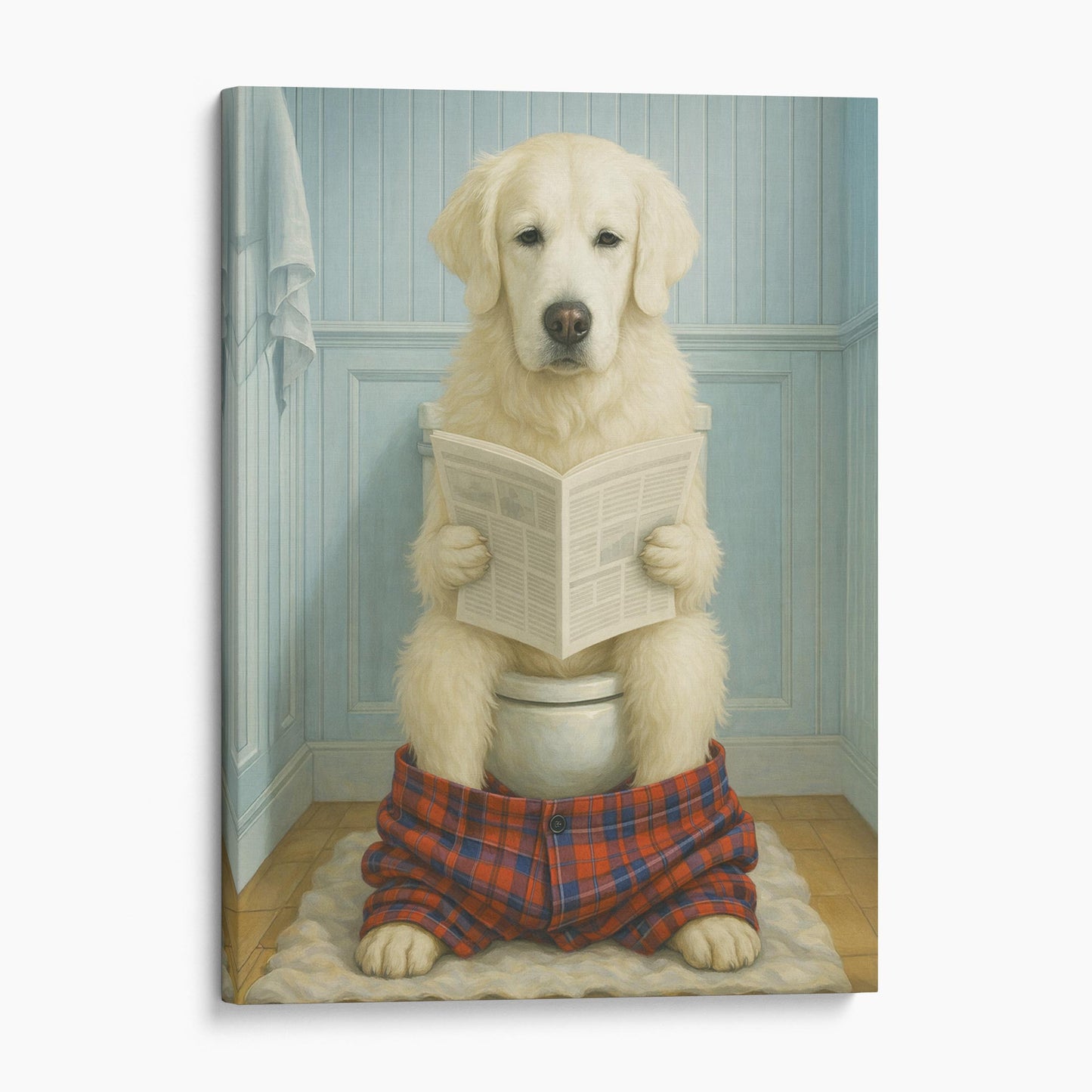 English Cream Golden Retriever Dog Reading The Newspaper On The Toilet
