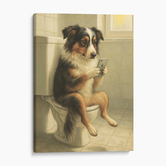 Australian Shepherd Dog On The Phone On The Toilet