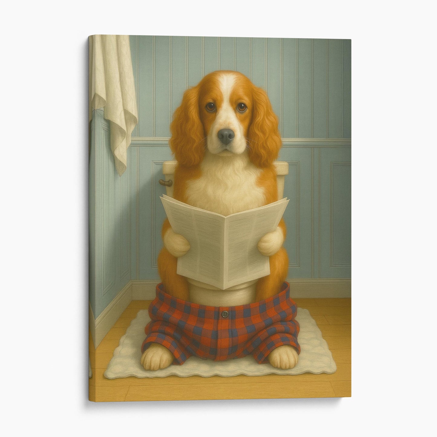 Cocker Spaniel Dog Reading The Newspaper On The Toilet