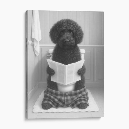Portuguese Water Dog Reading The Newspaper On The Toilet