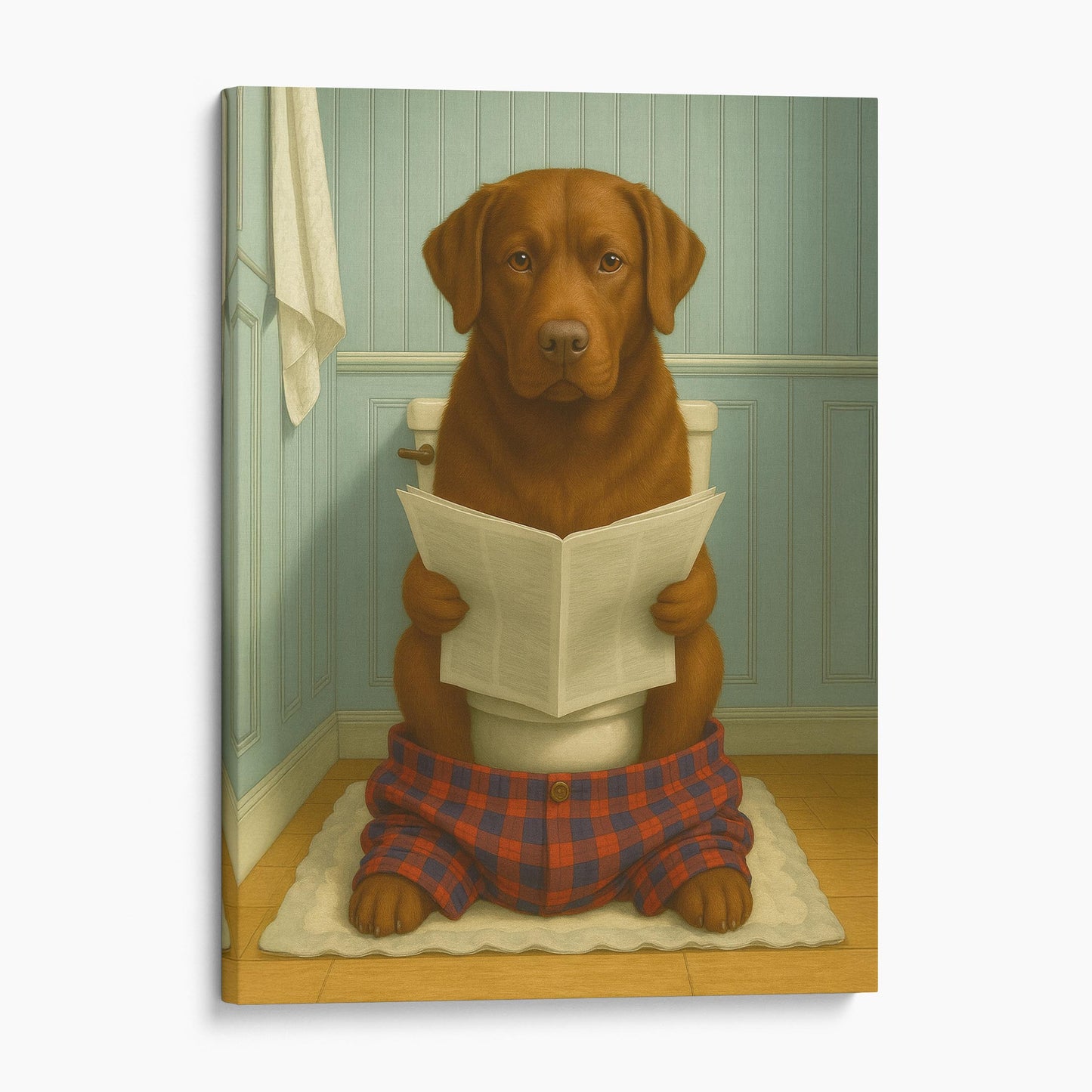 Chocolate Labrador Retriever Dog Reading The Newspaper On The Toilet