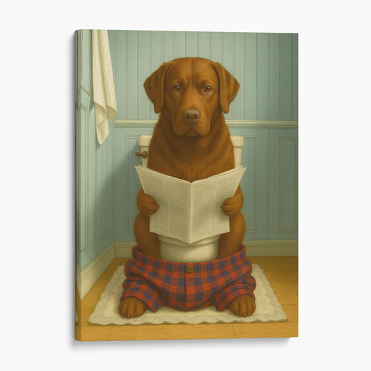 Chocolate Labrador Retriever Dog Reading The Newspaper On The Toilet