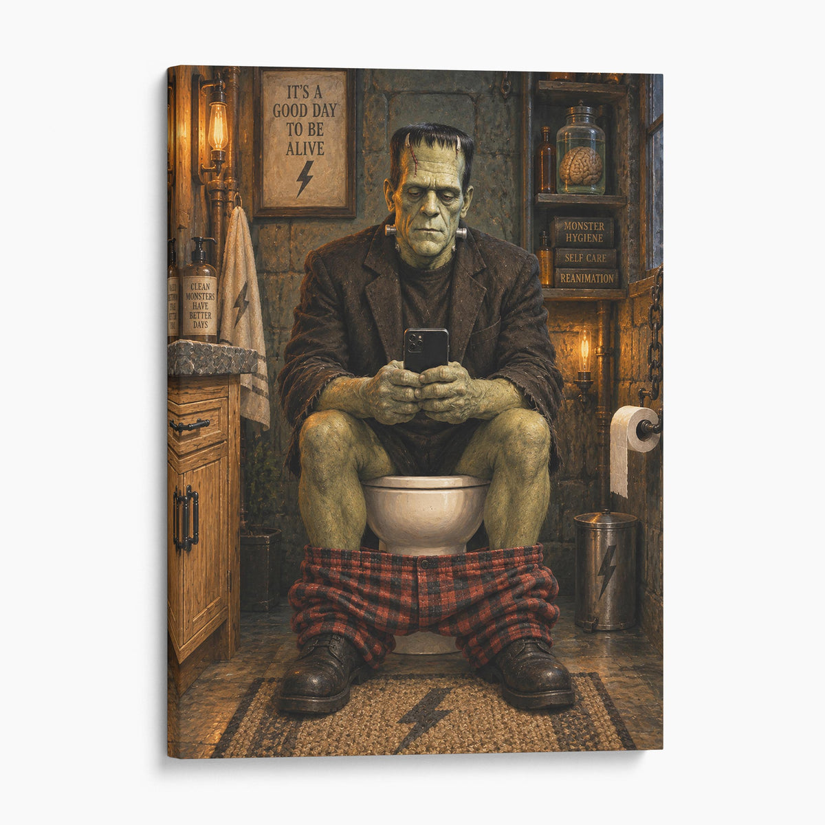 Frankeinstein On The Phone On The Toilet