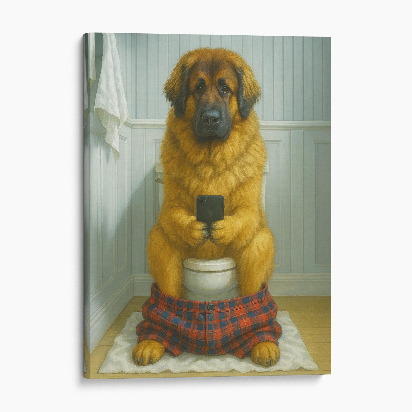 Leonberger Dog On The Phone On The Toilet