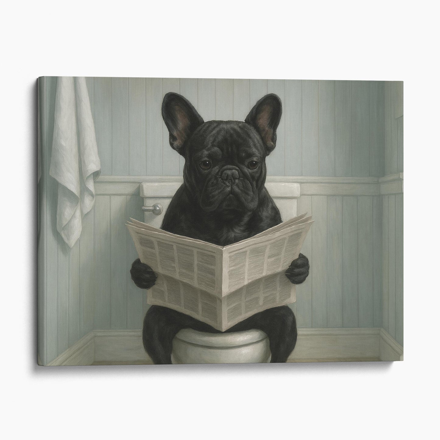 French Bulldog Reading The Newspaper On The Toilet