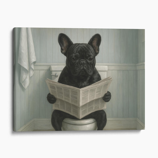 French Bulldog Reading The Newspaper On The Toilet