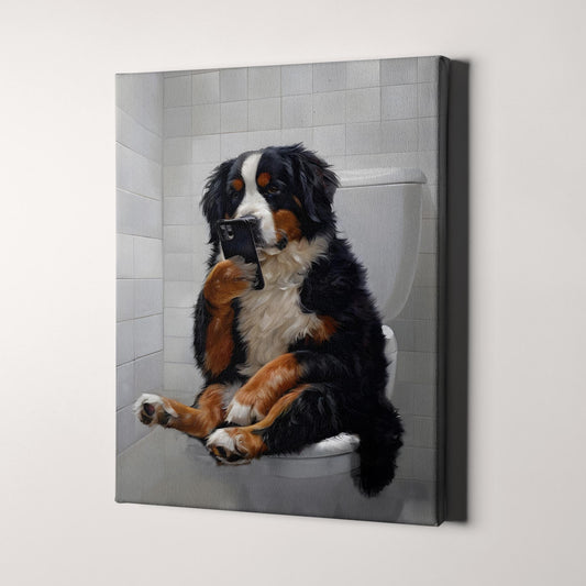 Bernese Mountain Dog On The Phone On The Toilet