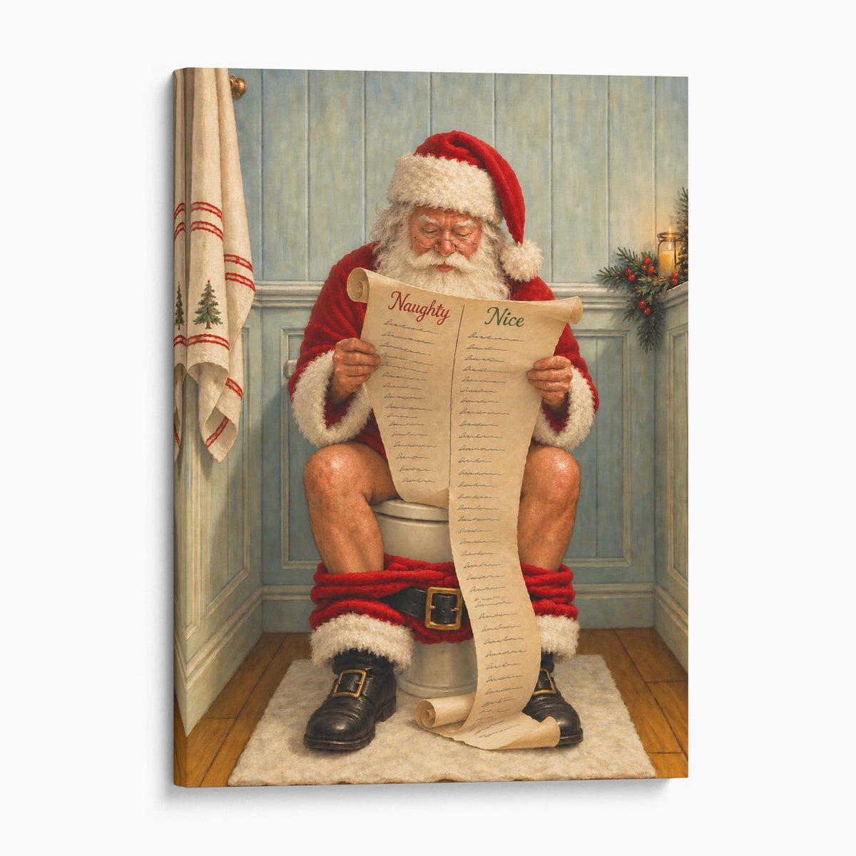 Santa Claus Reading The Naughty & Nice List On The Toilet