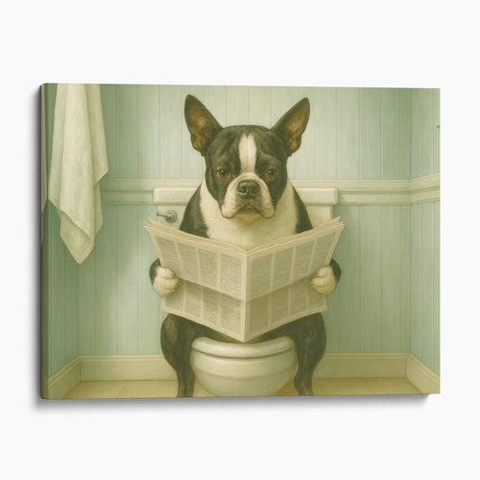 French Bulldog Reading The Newspaper On The Toilet