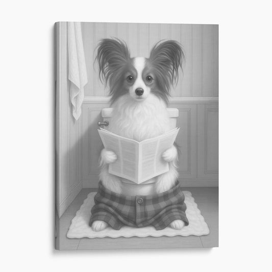 Papillon Dog Reading The Newspaper On The Toilet