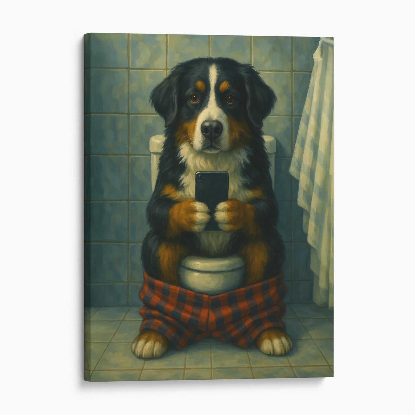Bernese Mountain Dog On The Phone On The Toilet II