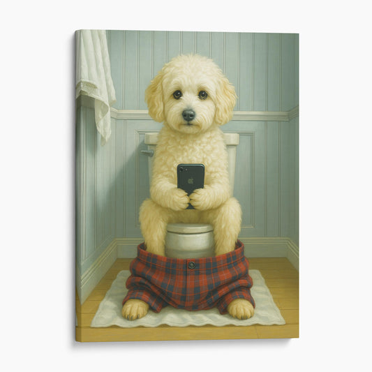 Maltipoo Dog On The Phone On The Toilet