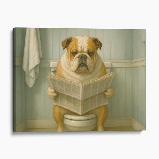 Bulldog Reading The Newspaper On The Toilet