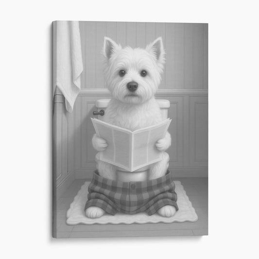 West Highland White Terrier Dog Reading The Newspaper On The Toilet