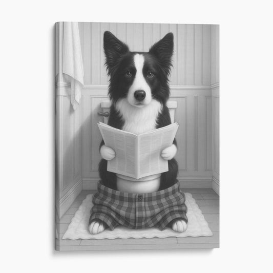 Border Collie Dog Reading The Newspaper On The Toilet