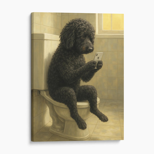 Portuguese Water Dog On The Phone On The Toilet