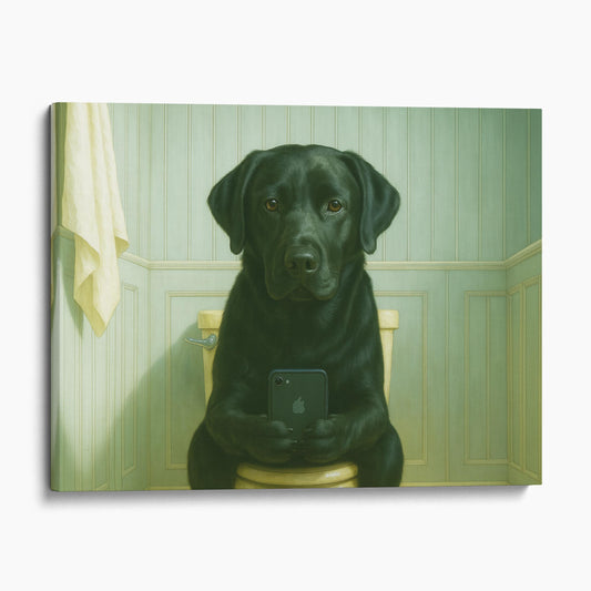 Black Labrador Retriever Dog On The Phone On The Toilet