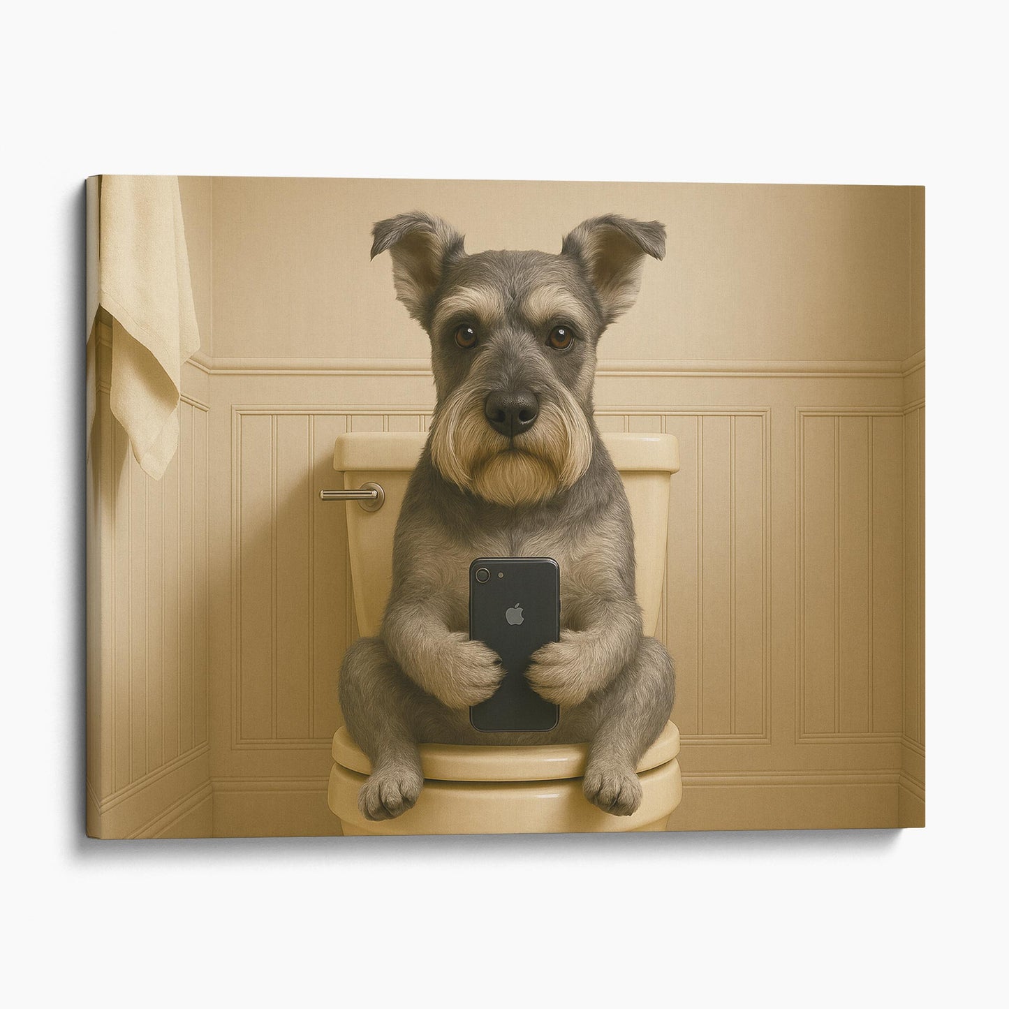 Schnauzer Dog On The Phone On The Toilet