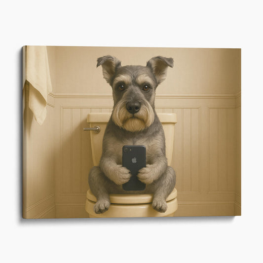 Schnauzer Dog On The Phone On The Toilet