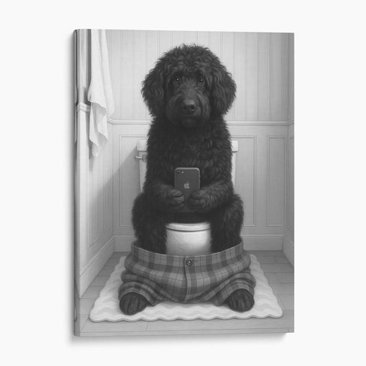 Portuguese Water Dog On The Phone On The Toilet