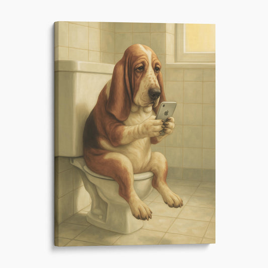 Basset Hound Dog On The Phone On The Toilet