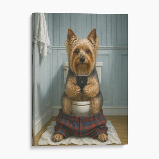 Silky Terrier Dog On The Phone On The Toilet