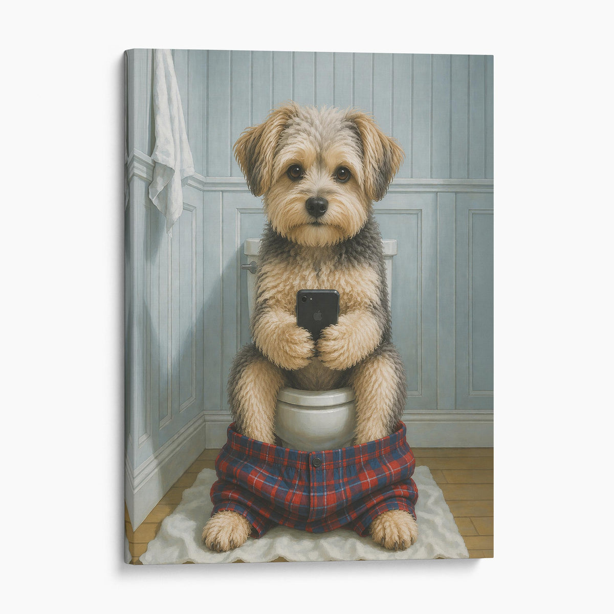 Morkie Dog On The Phone On The Toilet
