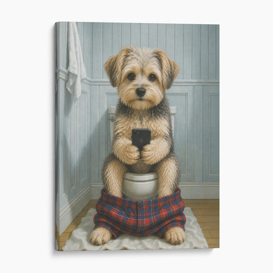 Morkie Dog On The Phone On The Toilet