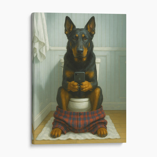 Beauceron Dog On The Phone On The Toilet