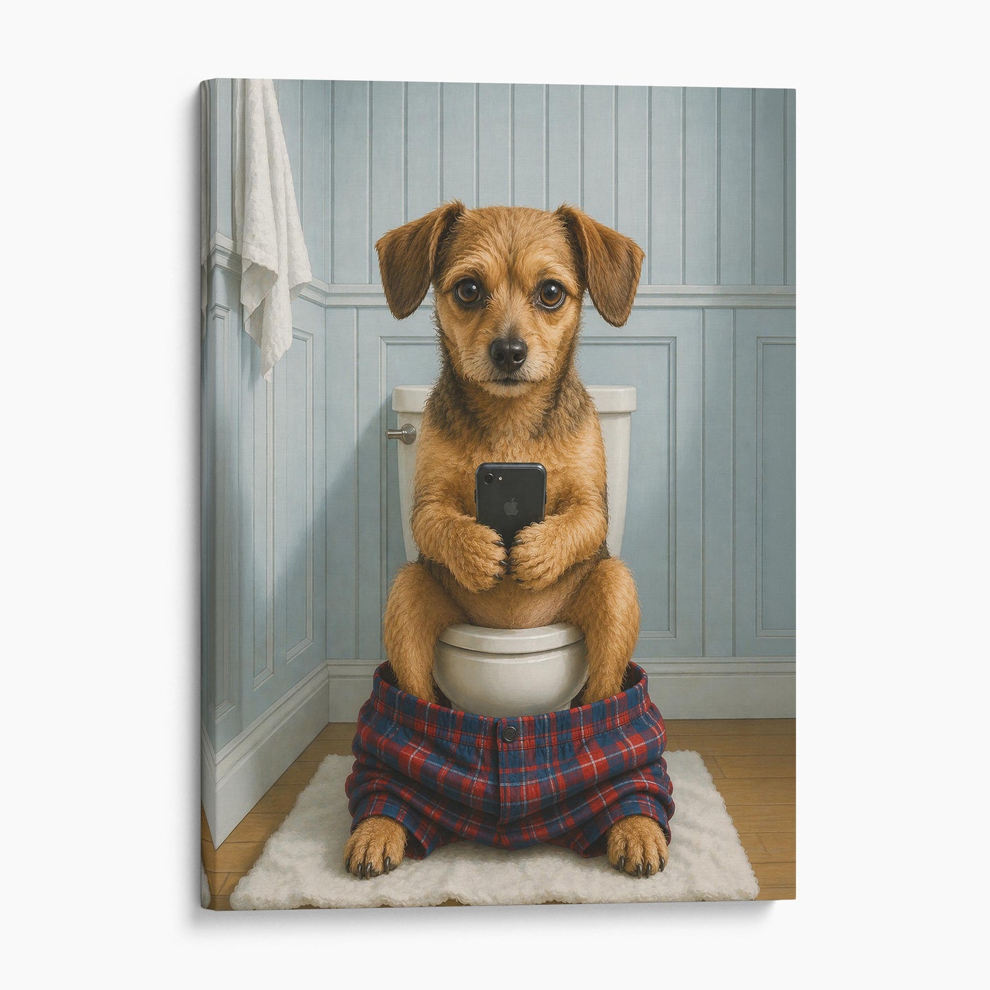Chiweenie Dog On The Phone On The Toilet