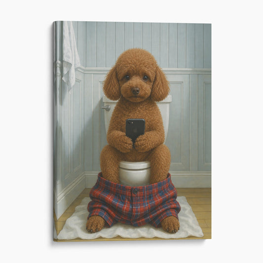 Brown Toy Poodle On The Phone On The Toilet