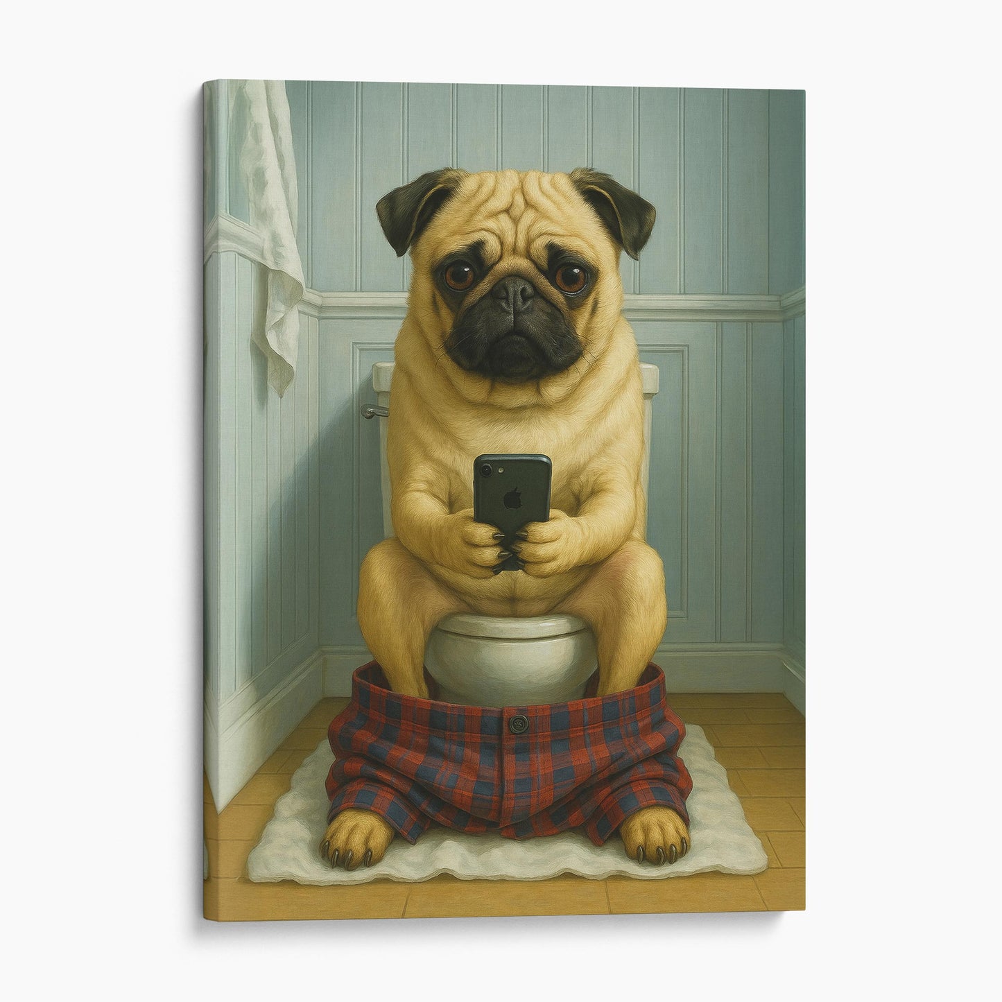 Pug Dog On The Phone On The Toilet