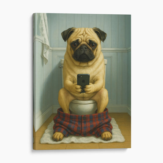 Pug Dog On The Phone On The Toilet