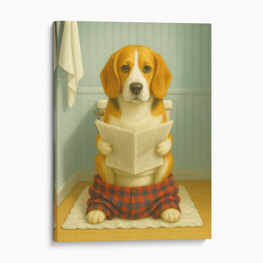 Beagle Dog Reading The Newspaper On The Toilet