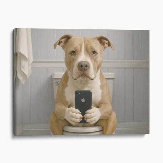American Pit Bull Terrier Dog On The Phone On The Toilet