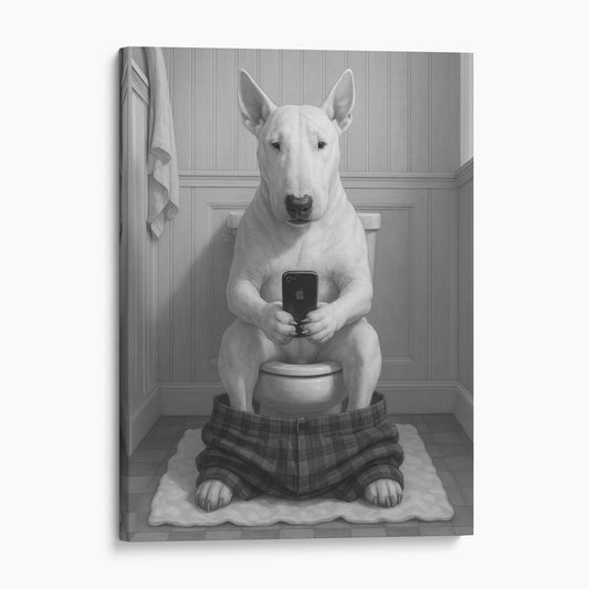 Bull Terrier Dog On The Phone On The Toilet