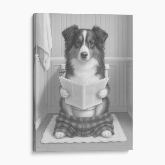 Miniature American Shepherd Dog Reading The Newspaper On The Toilet