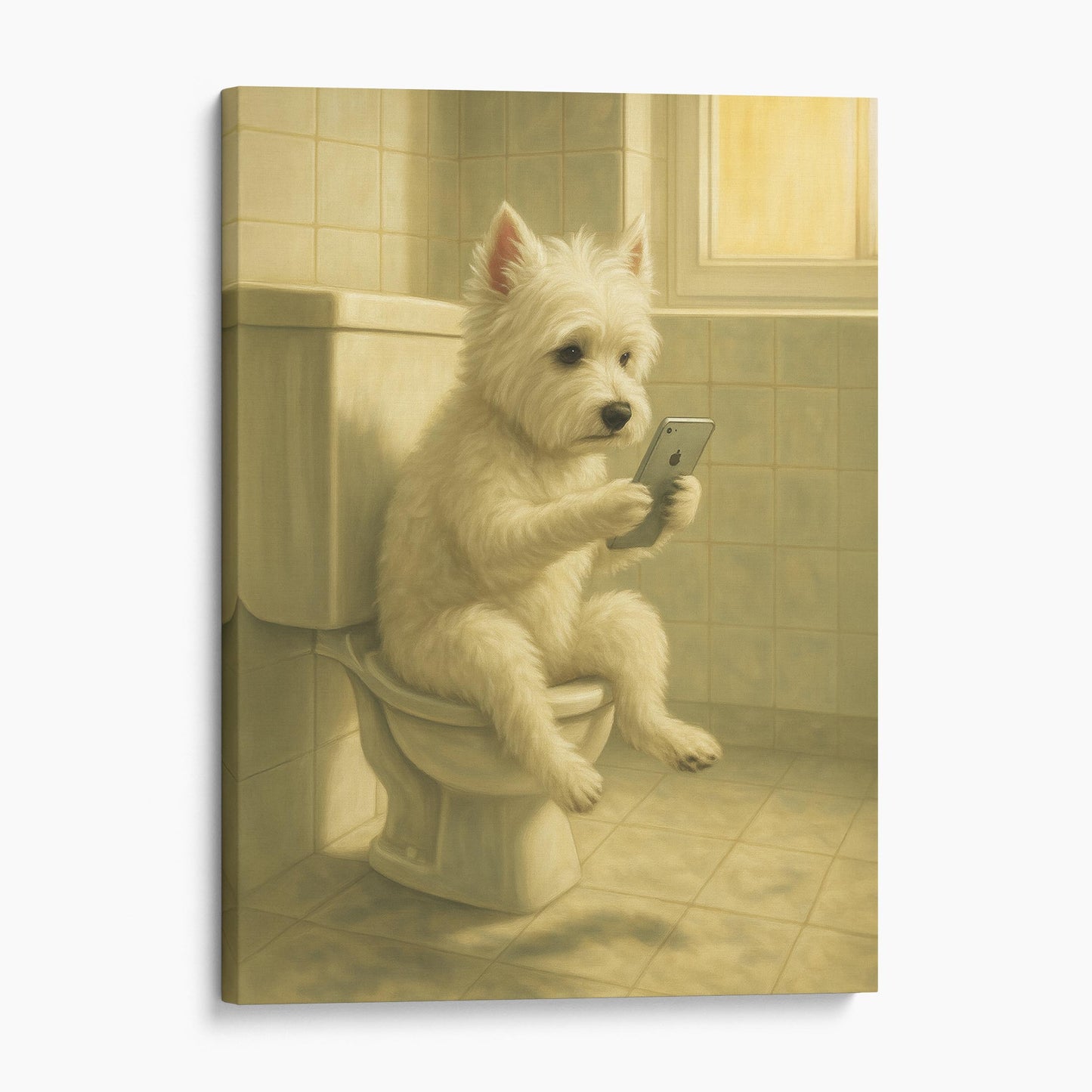 West Highland White Terrier Dog On The Phone On The Toilet