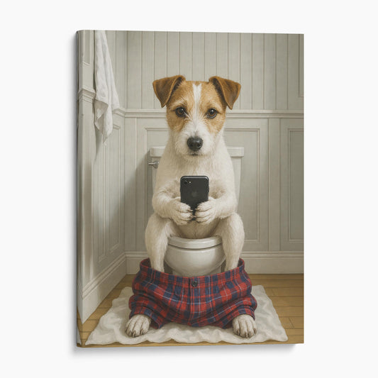 Parson Russell Terrier Dog On The Phone On The Toilet
