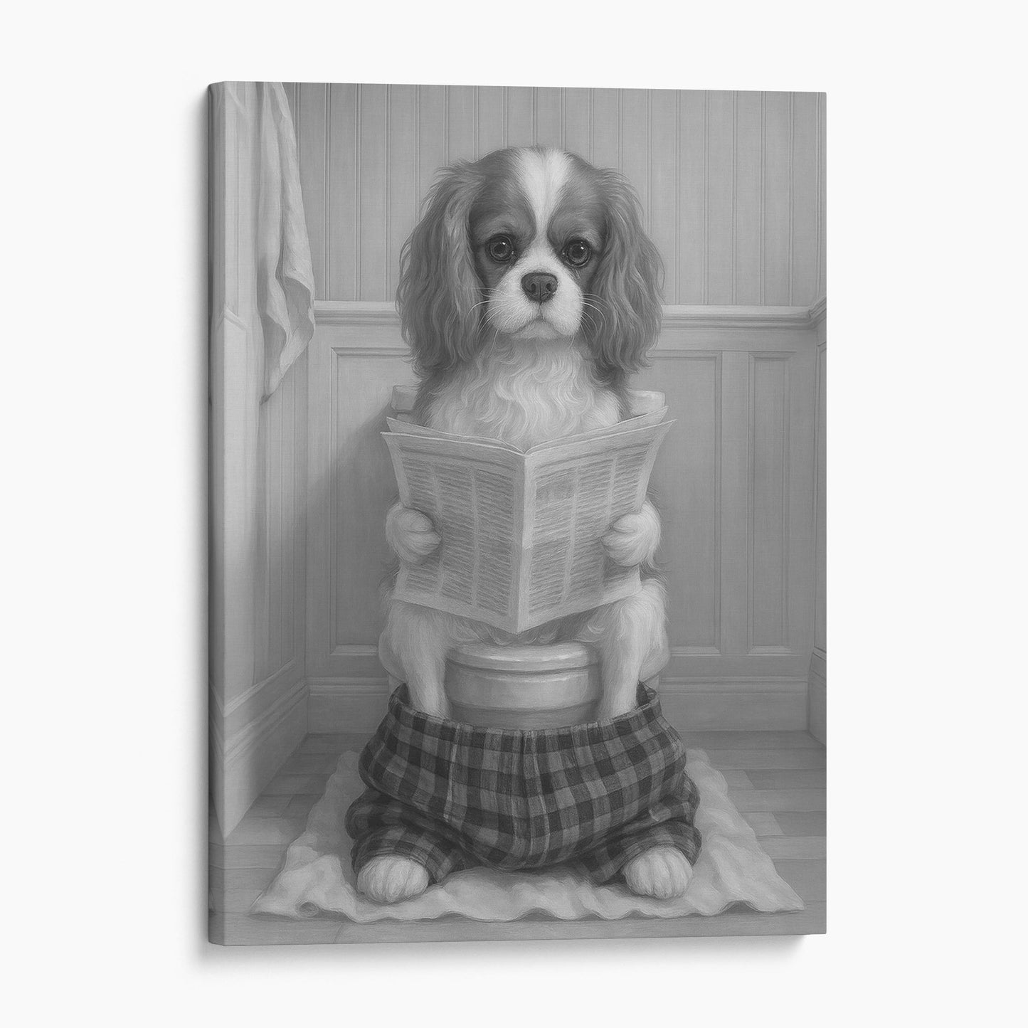 Cavalier King Charles Spaniel Dog Reading The Newspaper On The Toilet
